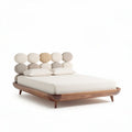 Lit en bois avec tête de lit en tissu beige dimensions 210 x 160 x 100cm